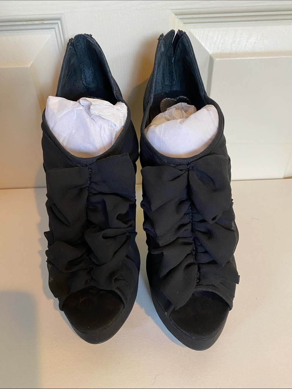 Chinese Laundry Black Peep-Toe Ruffle Booties
